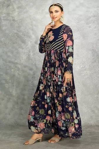 Blue floral printed georgette anarkali with scalloping dupatta set of 3