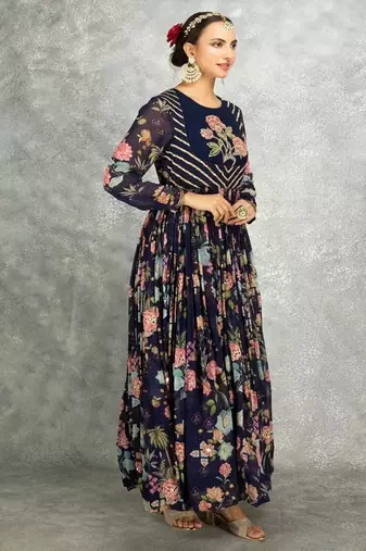 Blue floral printed georgette anarkali with scalloping dupatta set of 3