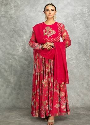 Hot pink floral printed georgette anarkali with scalloping dupatta set of 3 1