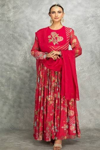 Hot pink floral printed georgette anarkali with scalloping dupatta set of 3