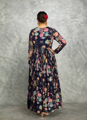 Blue floral printed georgette anarkali with scalloping dupatta set of 3 4