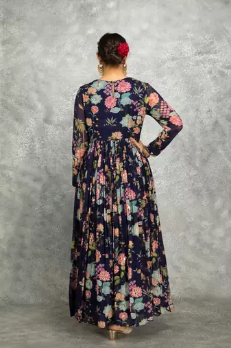 Blue floral printed georgette anarkali with scalloping dupatta set of 3