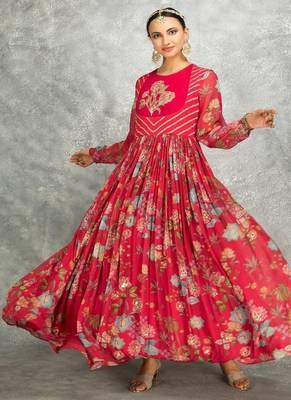 Hot pink floral printed georgette anarkali with scalloping dupatta set of 3 2
