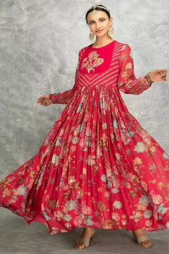 Hot pink floral printed georgette anarkali with scalloping dupatta set of 3
