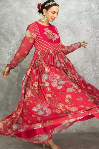 Hot pink floral printed georgette anarkali with scalloping dupatta set of 3