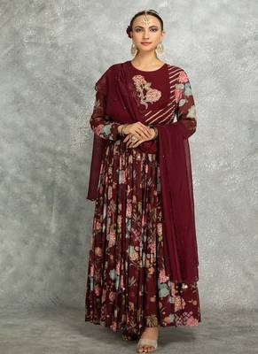 Wine floral printed georgette anarkali with scalloping dupatta set of 3 1