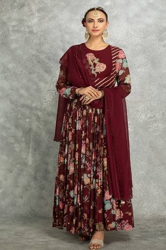 Wine floral printed georgette anarkali with scalloping dupatta set of 3