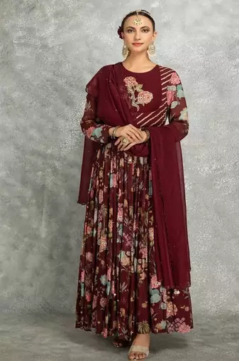 Wine floral printed georgette anarkali with scalloping dupatta set of 3