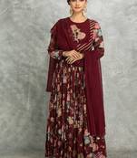 Wine floral printed georgette anarkali with scalloping dupatta set of 3