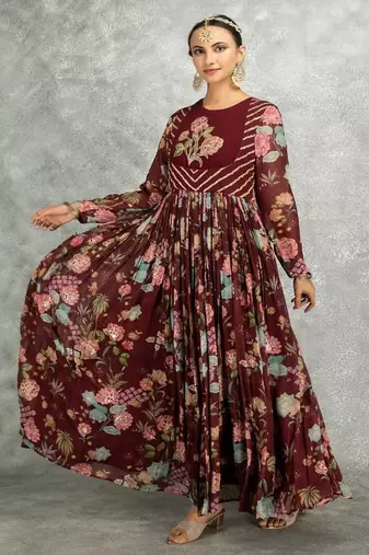 Wine floral printed georgette anarkali with scalloping dupatta set of 3
