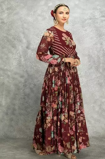 Wine floral printed georgette anarkali with scalloping dupatta set of 3