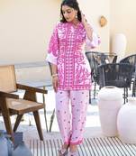 blossom pink embroidered blended kurta sets