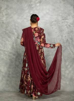 Wine floral printed georgette anarkali with scalloping dupatta set of 3 4