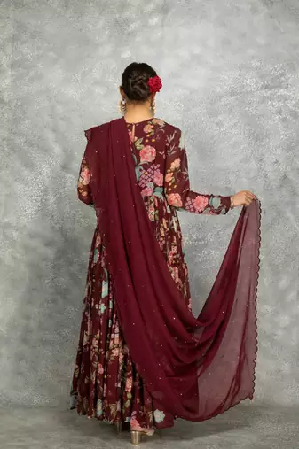 Wine floral printed georgette anarkali with scalloping dupatta set of 3