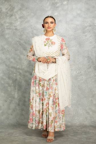 White floral printed georgette anarkali with scalloping dupatta set of 3