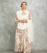 White floral printed georgette anarkali with scalloping dupatta set of 3