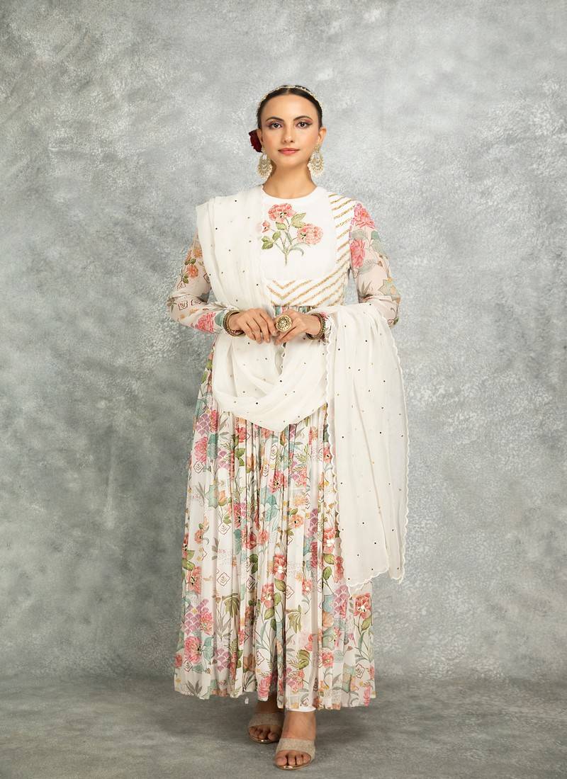 White floral printed georgette anarkali with scalloping dupatta set of 3