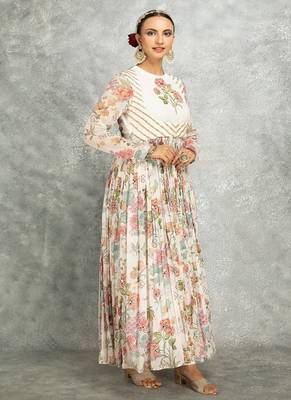 White floral printed georgette anarkali with scalloping dupatta set of 3 2