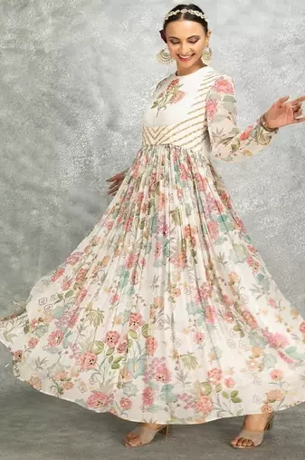 White floral printed georgette anarkali with scalloping dupatta set of 3
