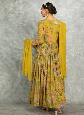 Mustard yelow floral printed georgette anarkali with scalloping dupatta set of 3 5