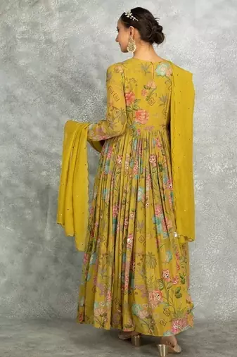 Mustard yelow floral printed georgette anarkali with scalloping dupatta set of 3