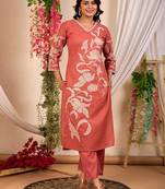 alloy red embroidered cotton kurta sets