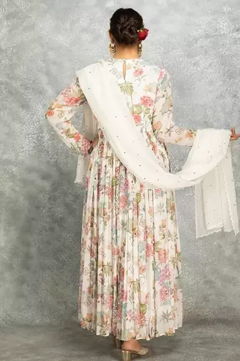 White floral printed georgette anarkali with scalloping dupatta set of 3