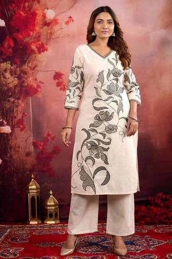 snowy dark white embroidered cotton kurta sets