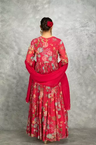 Hot pink floral printed georgette anarkali with scalloping dupatta set of 3
