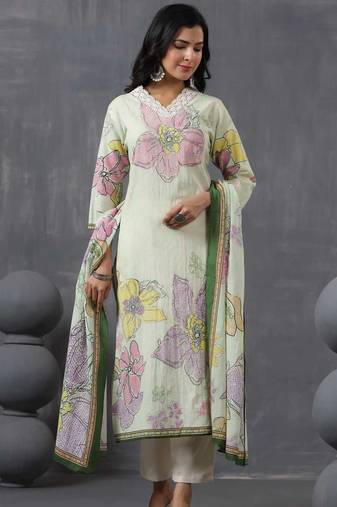 mint green printed cotton kurta sets