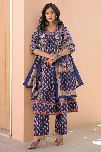 navy navy blue printed cotton kurta sets