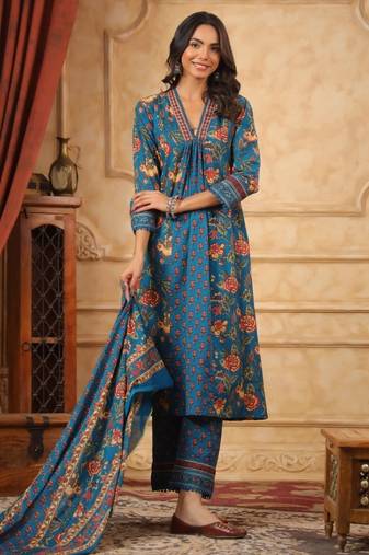 peacock blue printed cotton kurta sets