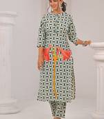 pine green printed cotton kurta sets
