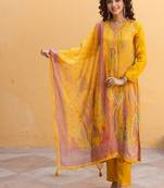 amber light yellow embroidered blended kurta sets