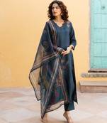 azure blue embroidered blended kurta sets