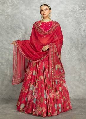 Hot Pink Floral Printed Lehenga with Embroidered Blouse & Dupatta 1