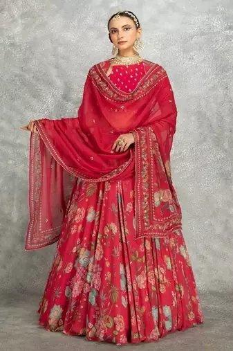 Hot Pink Floral Printed Lehenga with Embroidered Blouse & Dupatta
