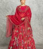 Hot Pink Floral Printed Lehenga with Embroidered Blouse & Dupatta