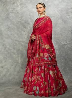 Hot Pink Floral Printed Lehenga with Embroidered Blouse & Dupatta 2