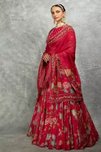 Hot Pink Floral Printed Lehenga with Embroidered Blouse & Dupatta