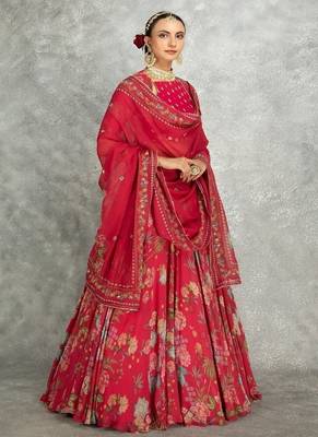 Hot Pink Floral Printed Lehenga with Embroidered Blouse & Dupatta 3