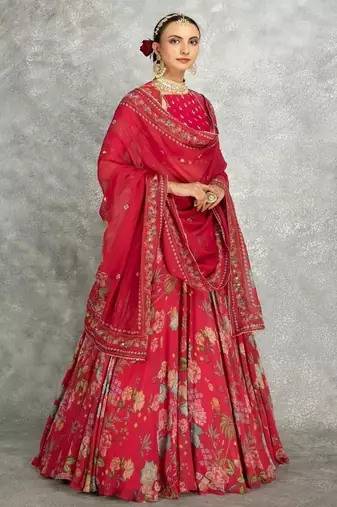 Hot Pink Floral Printed Lehenga with Embroidered Blouse & Dupatta