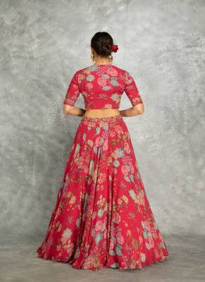 Hot Pink Floral Printed Lehenga with Embroidered Blouse & Dupatta 4