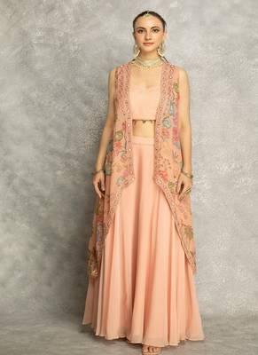 Peach lehenga with embroidered cape and crop top bustier 1