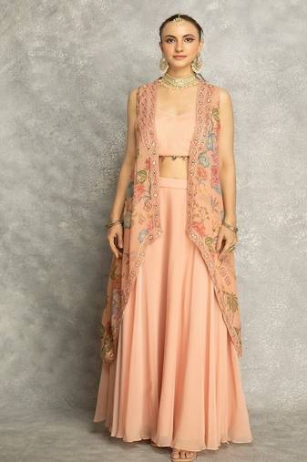 Peach lehenga with embroidered cape and crop top bustier