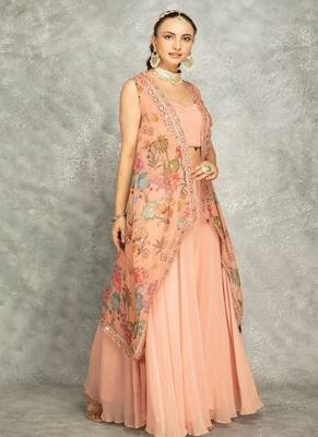 Peach lehenga with embroidered cape and crop top bustier 2