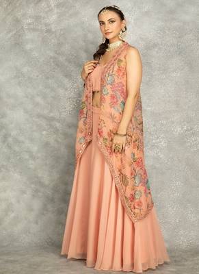 Peach lehenga with embroidered cape and crop top bustier 3