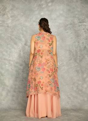 Peach lehenga with embroidered cape and crop top bustier 4