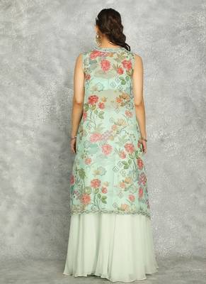 Turquoise lehenga with embroidered cape and crop top bustier 4
