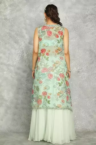 Turquoise lehenga with embroidered cape and crop top bustier